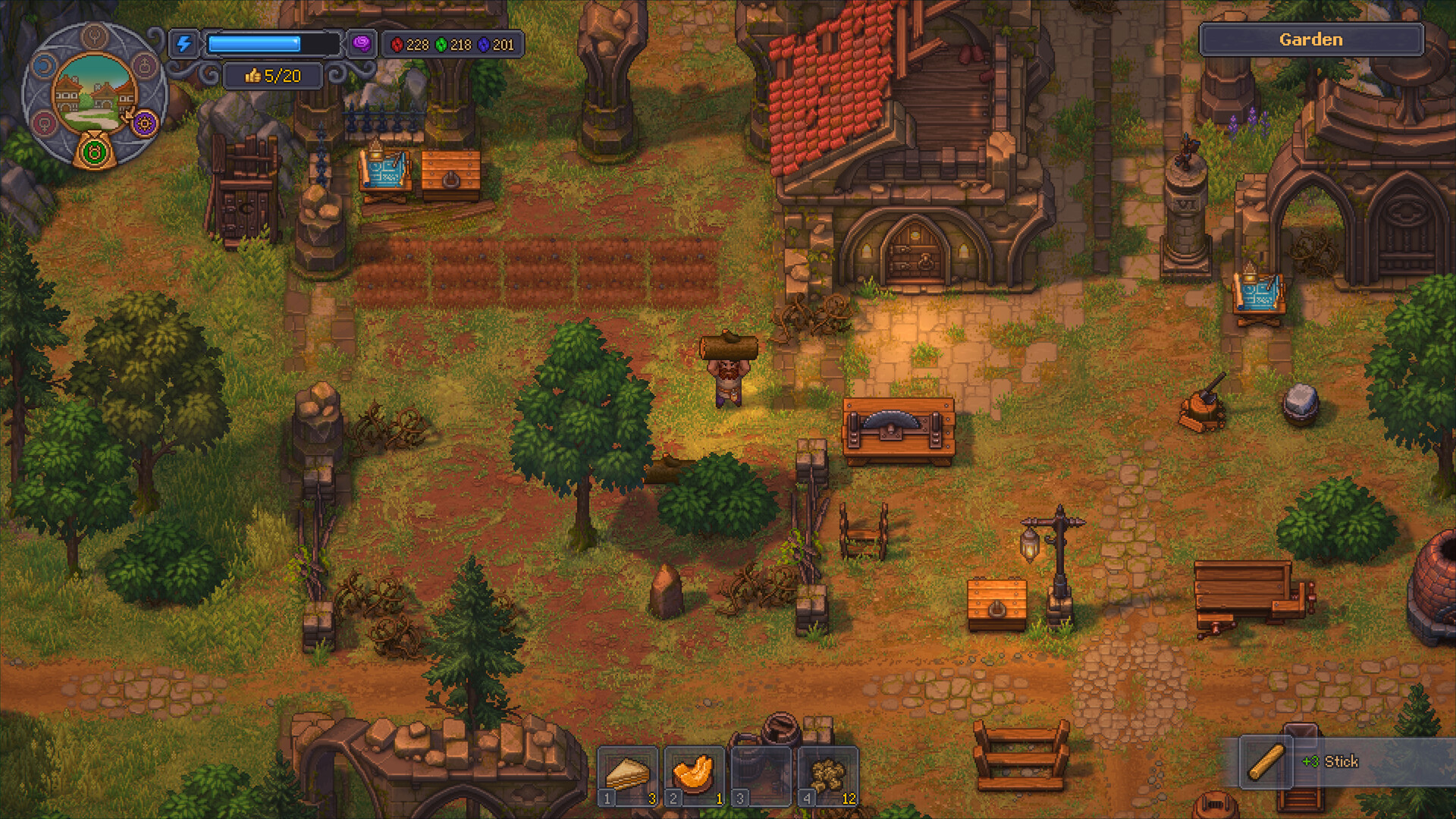 Graveyard Keeper 2 demo screenshot: the keeper carries a log through the garden near the town church