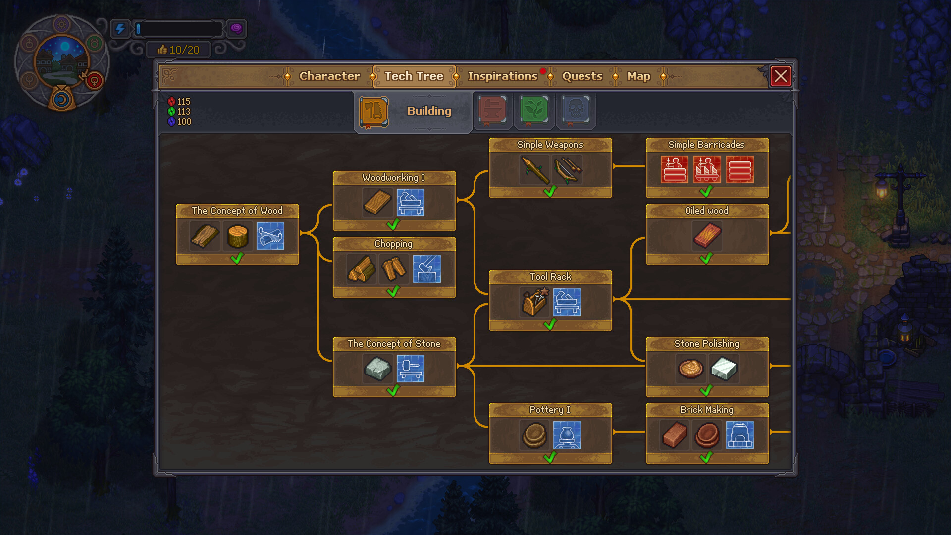 Graveyard Keeper 2 demo tech tree screen with the red, green and blue point counters
