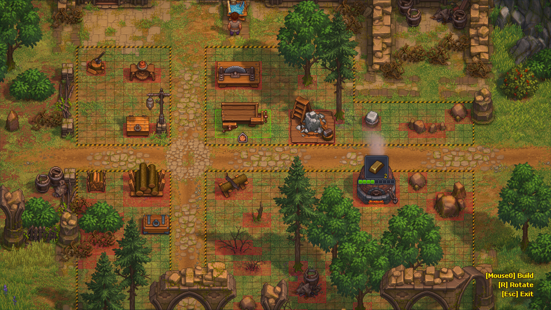 Graveyard Keeper 2 demo build mode: workstations, sawhorse and a furnace on the homestead