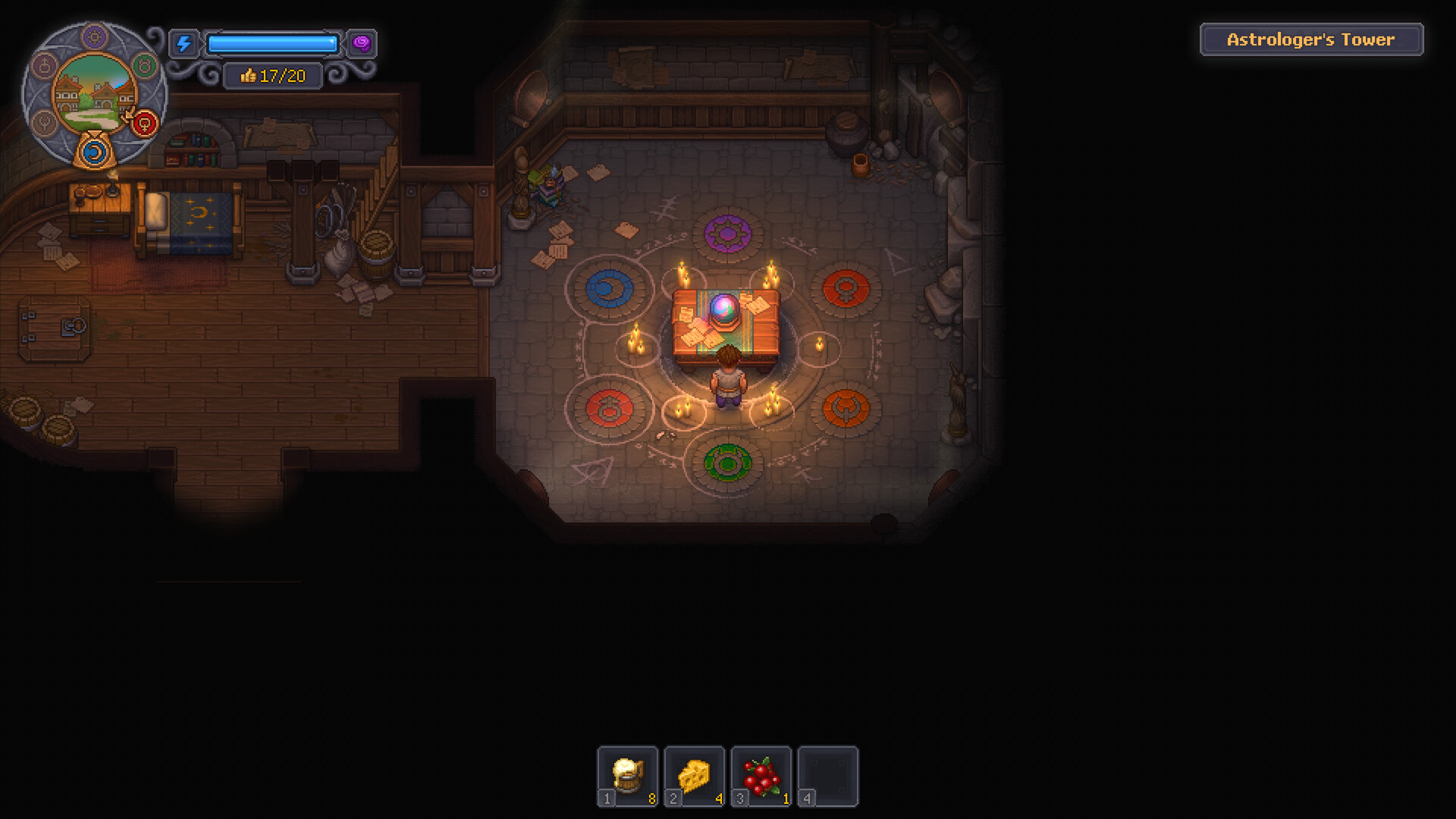 Graveyard Keeper 2 demo screenshot: inside the Astrologer's Tower at night